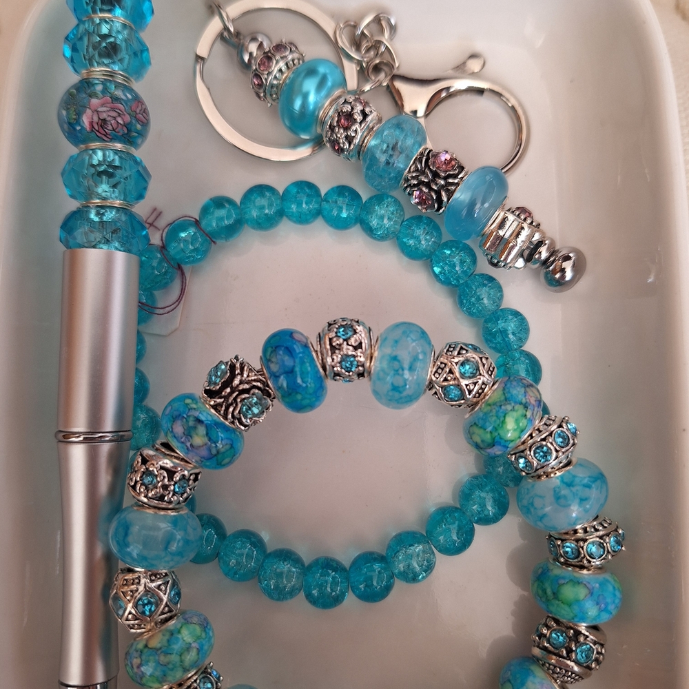 Elegant Blue Glass Beaded Bracelet Set With Purse Swag/Keychain,Glass Beaded Pen
